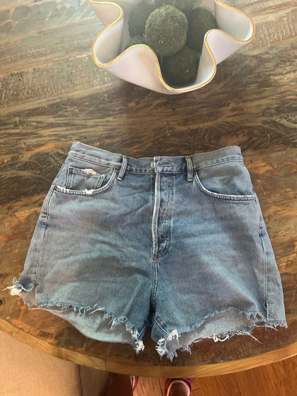 Agolde Light Blue Distressed Denim Shorts